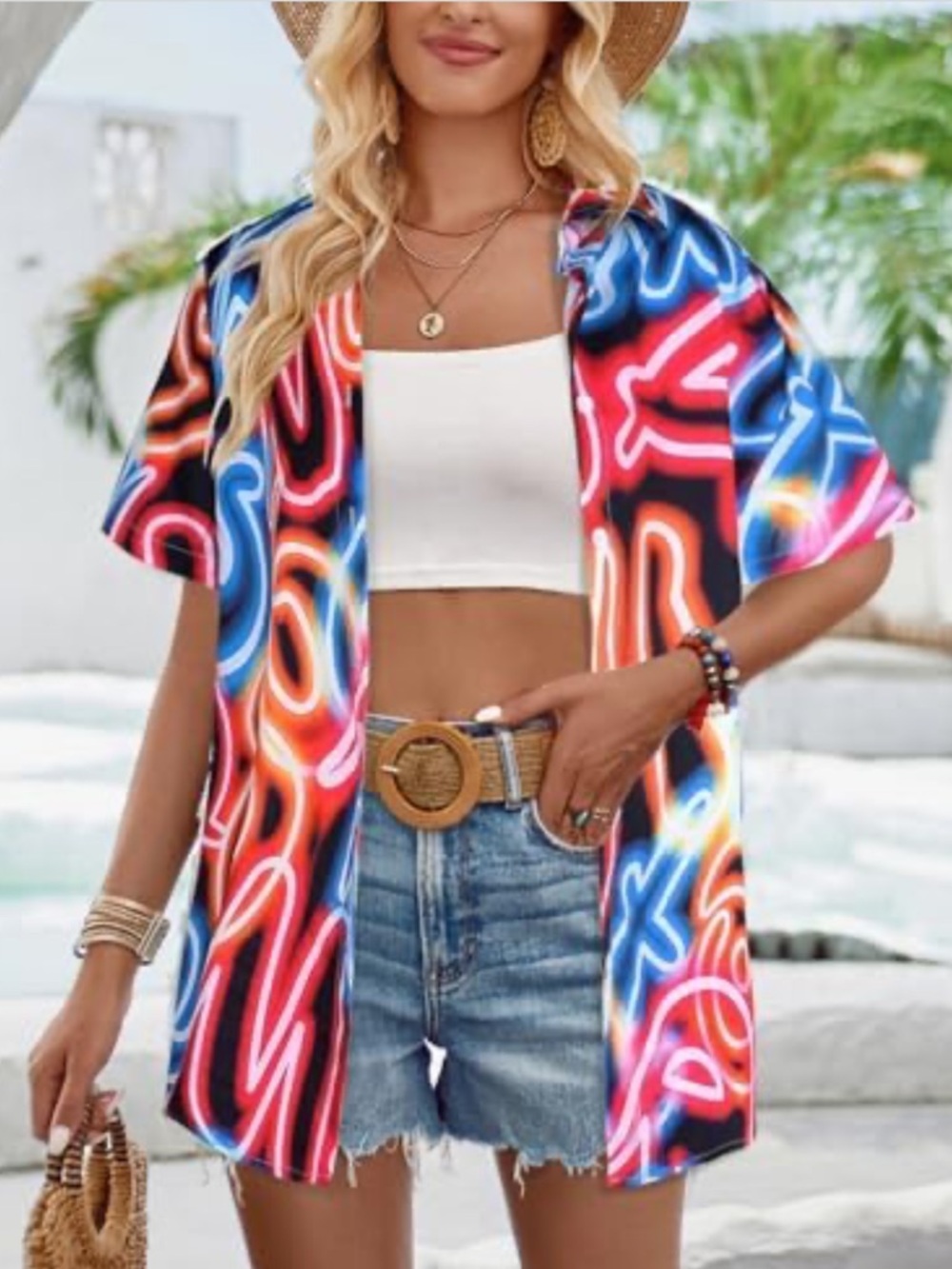 Women’s Neon Print Short Sleeve Button-Up Shirt - Multicolor - Picture 2 of 7